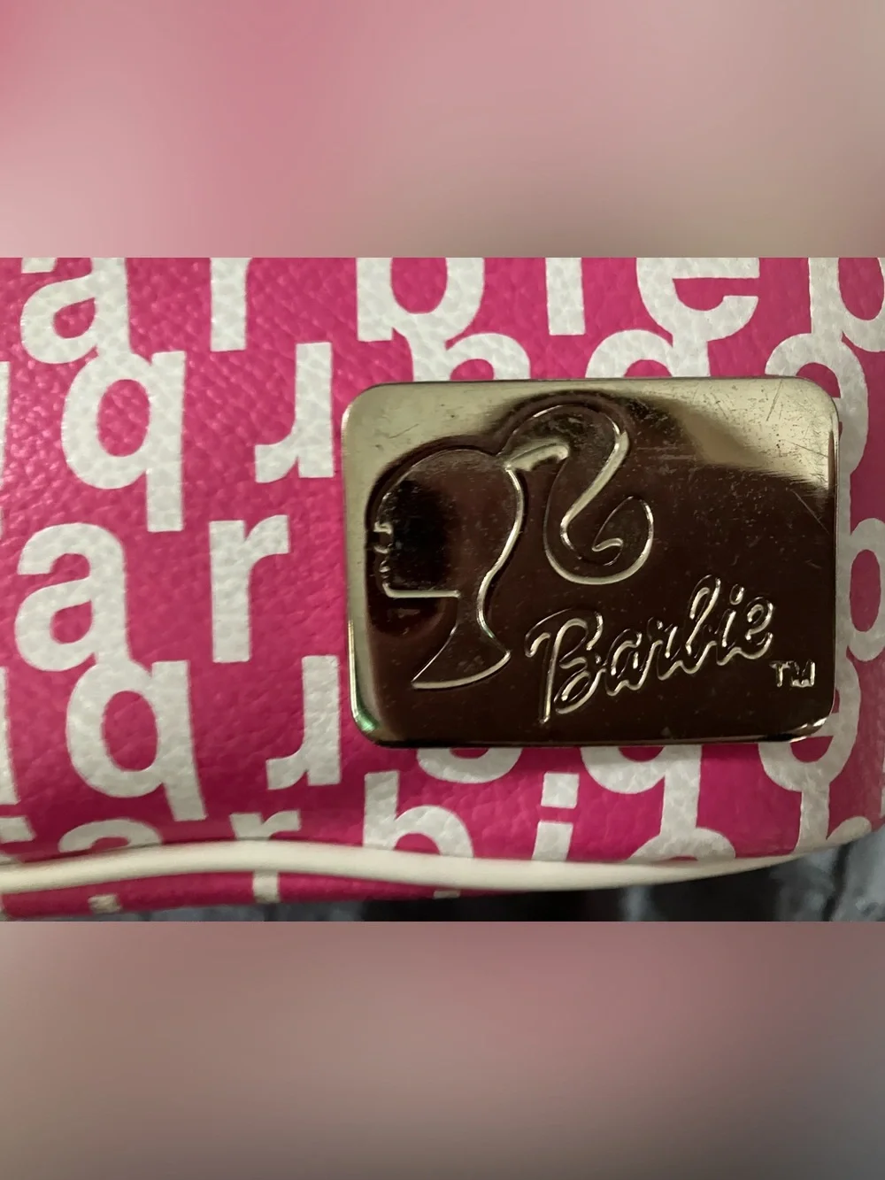 Vintage Barbie make-up bag 9”x7”x6” Pink/White barbie tags zips to close